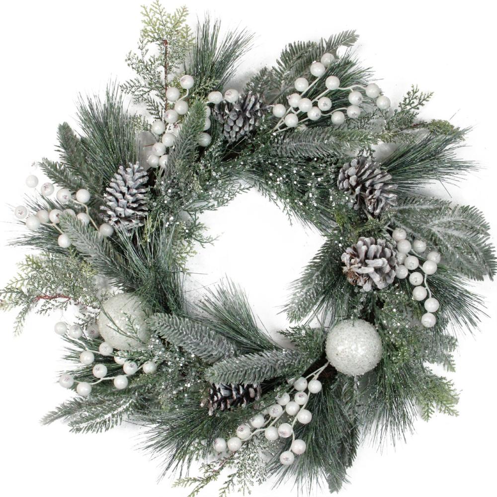 Unlit Wreaths | Frosted Mixed Pine and Pine Cone Artificial Christmas Wreath, 24-inch, Unlit Unlit Wreaths Unlit Wreaths