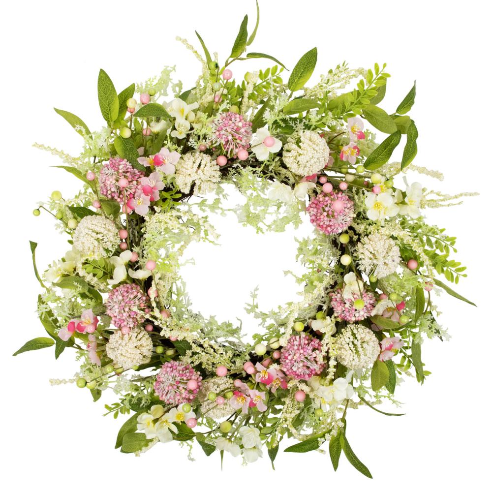 Unlit Wreaths | Hydrangea and Berry Floral Spring Wreath – 28" – Pink and Green Unlit Wreaths Unlit Wreaths