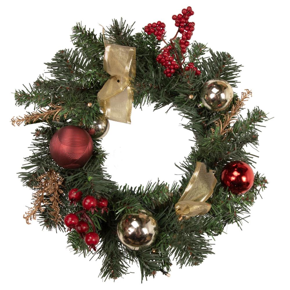 Pre-Lit Wreaths | Pre-Lit Decorated Burgundy and Gold Pine Artificial Christmas Wreath, 16-Inch, Warm White LED Pre-Lit Wreaths Pre-Lit Wreaths