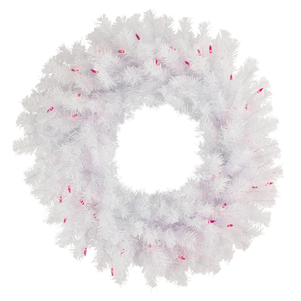 Specialty Wreaths | Pre-Lit Geneva White Spruce Artificial Christmas Wreath, 24-Inch, Pink Lights Pre-Lit Wreaths Pre-Lit Wreaths